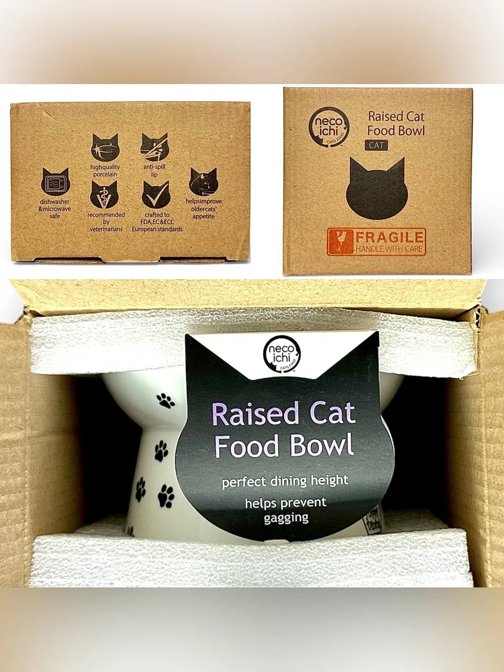 🐾 NEW Necoichi Elevated White Porcelain Cat Bowl with Black Paw Print | 1 Cup